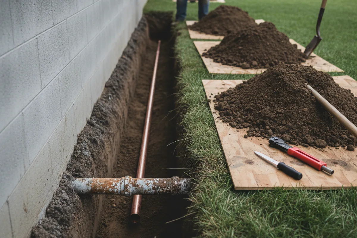 Excavated water line trench during Water Heater Repair in Lucerne